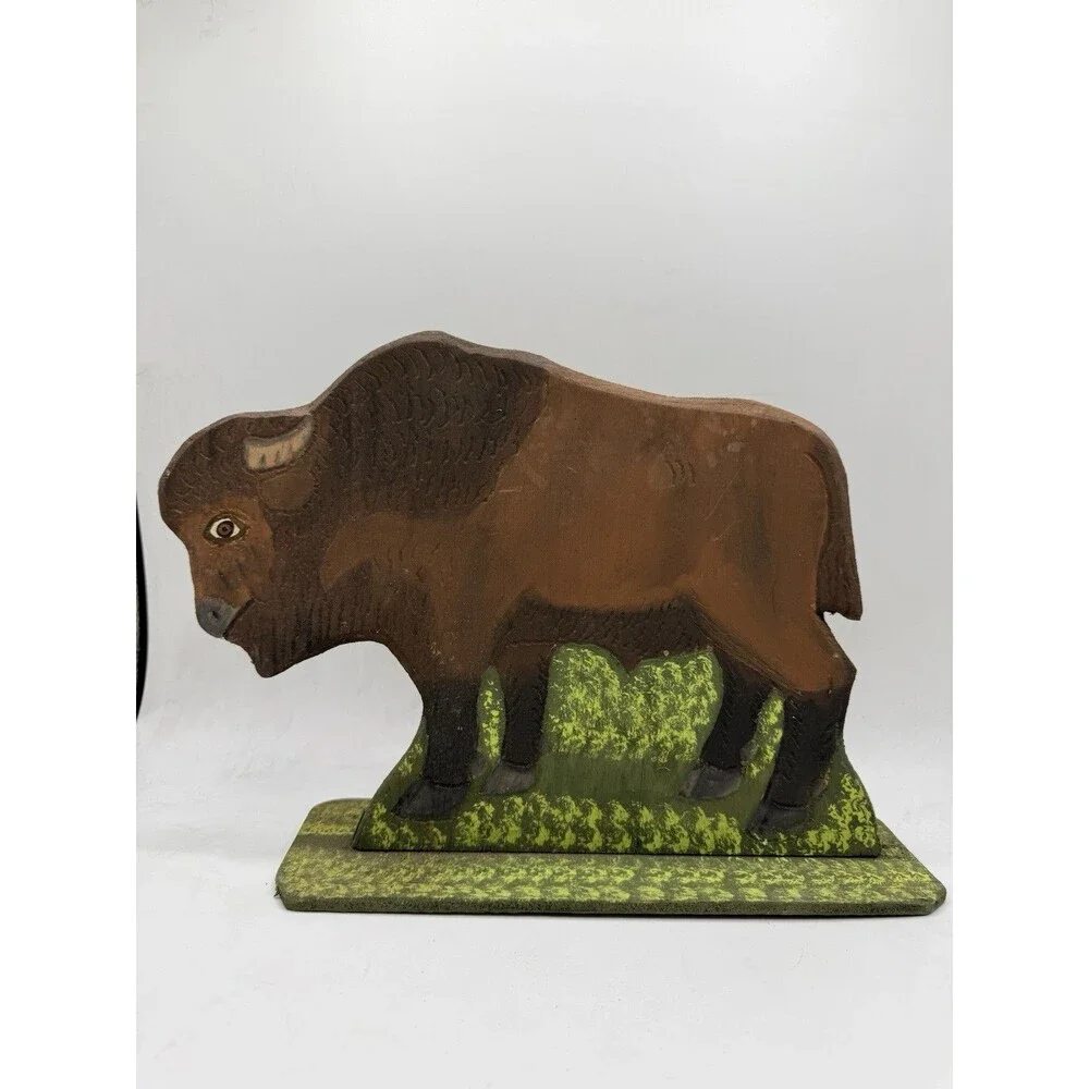 VTG 1988 Menno Shirk Folk Art Wood Carved Wild Buffalo 9” Signed Base Carving